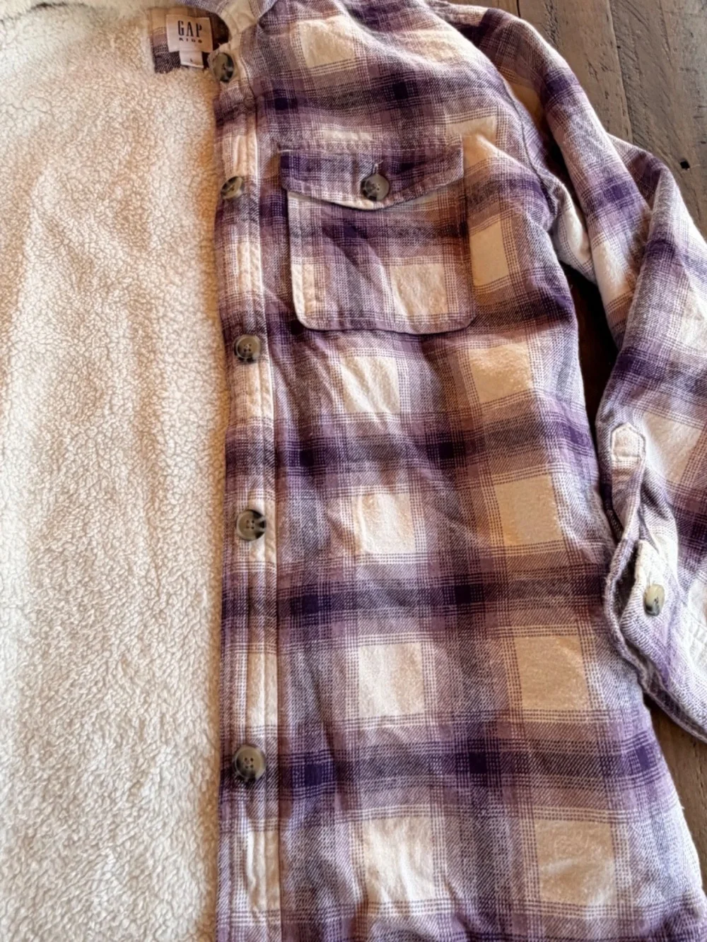 GAP Kids Sherpa Lined Plaid Shacket Jacket Girls Size Large Cozy Button Front